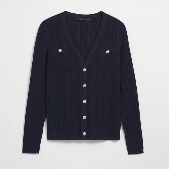 White House Black Market Navy Slinky Long Sleeve Snap Front Cardigan Size M - Picture 2 of 14